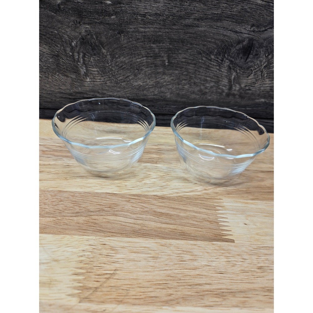 Vintage Corning Pyrex Clear Glass Scalloped Custard Cups Ramekins Set of 2 K23